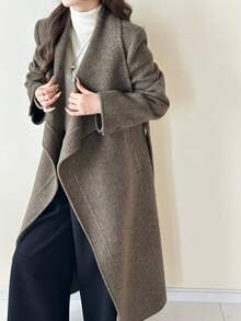 Classic Ribbed Trench Coat, Women's Large Lapel Double-Faced Wool Overcoat With Belt, Autumn Winter Casual. - Gray Green - View 5