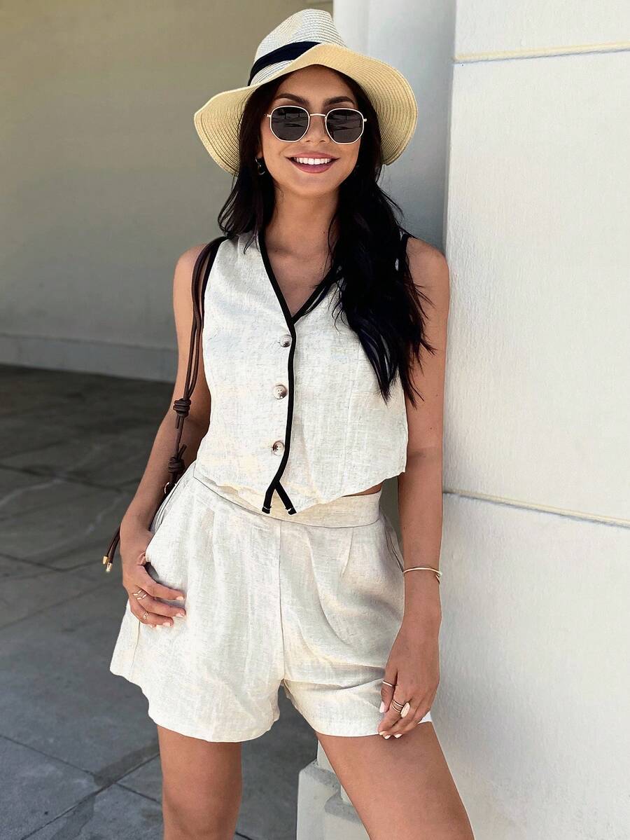 EMERY ROSE Women's Linen Contrast Color Trim Vest & Shorts Suit Set Old Money Style Set Two Pieces Commuter Suit Two Pieces Spring And Summer Suit Two Pieces Set - Apricot - View 1
