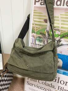 1pc Vintage Minimalist Flap Shoulder Bag, Thick Washed Canvas Casual Messenger Bag, Large Capacity, American College Style, Suitable For School, Short Trip, Simple Street Bag - Dark Green - View 3