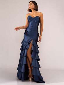 Luxurious Tiered Detail Bridesmaid/Prom Wedding Dress - Navy Blue - View 2