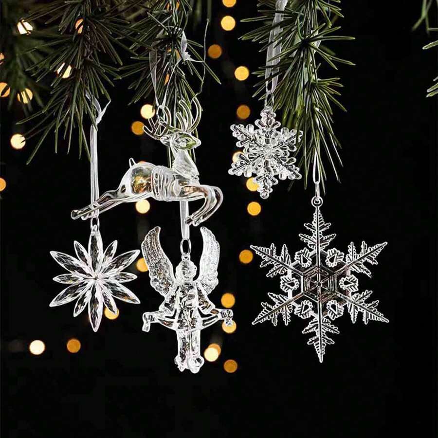 12pcs/6pcs/4pcs/3pcs/2pcs/-Christmas Tree Decoration Crystal Pendant Christmas Ornament - Hanging Acrylic Snowflake And Icicle Christmas Deer Pentagram Angel Ornament With Pendant Christmas Tree New Year's Party Decoration Supplies St. Patrick's Day Easter Valentine's Day Home Decor Christmas Decorations Room Decor Winter
