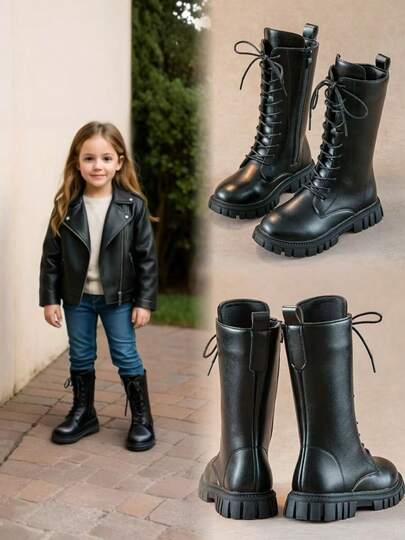 1 双黑色高帮女童靴，柔软弹力 PU 材质，圆头，细带，侧拉链设计，经典厚底，时尚可爱的公主/骑士风格靴子，适合 3-12 岁女童，日常、休闲、派对、校服，2025 年秋冬新品