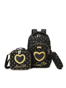 17-Inch Kids Backpack Set With Lunch Bag And Pencil Case, Lightweight School Bag Suitable For Teenagers, Girls And Boys, Heart-Shaped Glitter Large Capacity 3-In-1 Backpack, Insulated Lunch Bag, Pencil Case, Padded Shoulder Straps To Reduce Shoulder Pressure, Casual Backpack For Daily Use Or Travel