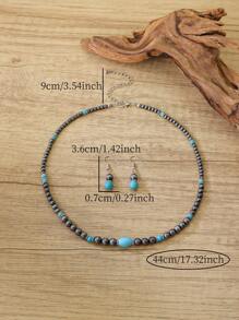 Retro Turquoise Necklace Vintage Western Country Earrings Set Female Ancient Silver Color Beaded Jewelry Set