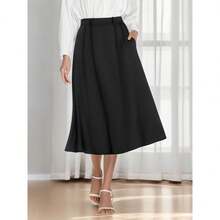 Women's High Waisted Pleated Skirt A-Line Flare Midi Skirt With Pockets Business Casual, Office Work Skirt, Dressy Elegant Outfits,Business Formal - 黑色 - 查看 5