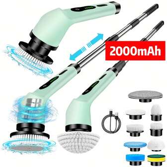 IAGREEA Electric Spin Scrubber, Cordless Cleaning Brush, Shower Cleaning Brush With 9 Or 6 Brush Heads 2H Power Dual Speed, Adjustable Extension Handle, 360 Cordless Cleaning Brush For Bathroom, Bathtub, Tiles, USB-C Charging Cable, Rotating Cleaning Brush, 2000mAH