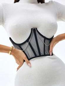 1 pièce Top bustier transparent en maille, corset pour femmes avec laçage et baleines en acier, avec large ceinture de taille, cincher sous-buste, convient pour être porté avec un t-shirt ou une robe - Noir - Voir 2