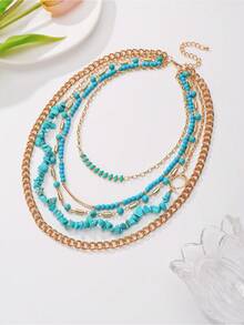 BOCAR 5pcs/Set Boho Copper Chained Bead & Faux Turquoise Bracelets, Suitable For Women Holiday & Daily Wear - Set - View 12