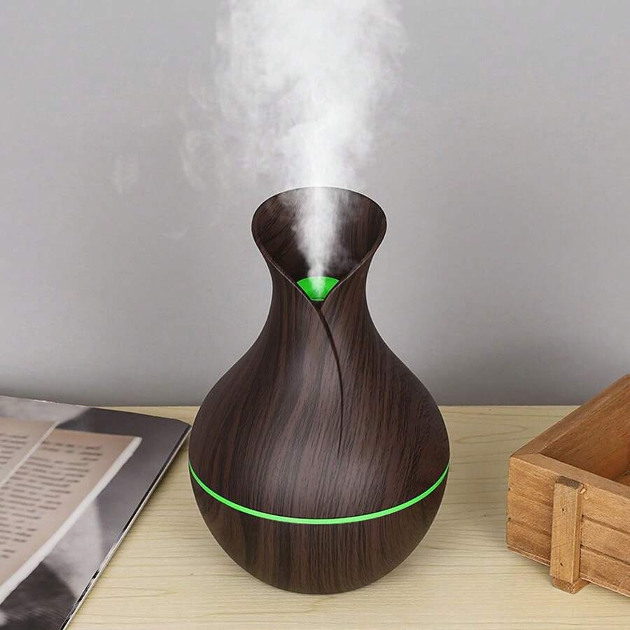 Difusor de Aromaterapia y Humidificador en Jarrón USB con 200ml de vapor frío y luz nocturna, Diseño Mini Portátil Silencioso, Alimentado por USB para Dormitorio, Escritorio, Oficina, Hogar - Refresca el Aire, Difusor de Aromaterapia, Decoración de Escritorio, Jarrón Decorativo - Veta de madera oscura - Ver 1