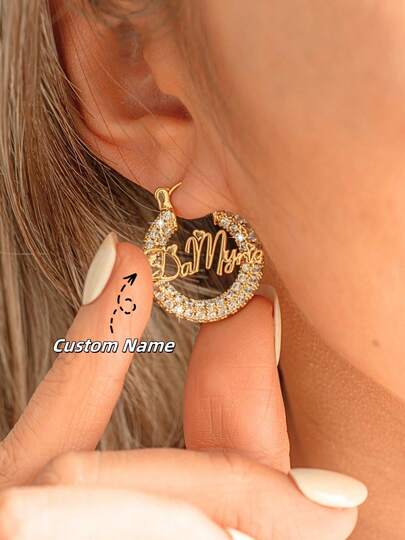 Bông tai kim cương khắc tên theo yêu cầu | Bông tai đồng đính đá khắc tên cá nhân | Bông tai kim cương tối giản | Bông tai kim cương thanh lịch | Trang sức khắc tên theo yêu cầu | Quà tặng cá nhân dành cho phái nữ