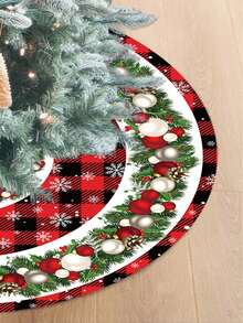 1 fustă de brad de Crăciun, cu diametrul de 60/90 cm, model în carouri roșu și negru cu ornament de fulgi de zăpadă și perle, decorațiune pentru brad de Crăciun, Crăciun fericit