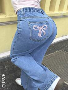 Large Size Women's Simple Casual Loose Straight Tube Y2K Pocket Bow Embroidery Washed Denim Pants - Rửa nhẹ - Xem 2