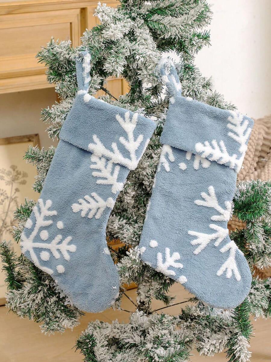 1pc Christmas Socks, Blue Plush Jacquard Christmas Socks, Snowflake Christmas Socks, Christmas Tree Decorations, Christmas Gift Candy Bags, Holiday Gift Bags Christmas Decorations Winter Room Decor