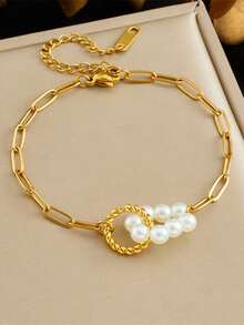 1 Fashionable And Versatile Daily White Bead Decoration Shell Flower Circle Pattern Accessory Cross Chain Stainless Steel Women's Bracelet