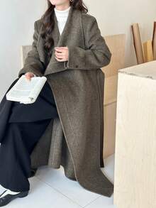 Classic Ribbed Trench Coat, Women's Large Lapel Double-Faced Wool Overcoat With Belt, Autumn Winter Casual. - Gray Green - View 7
