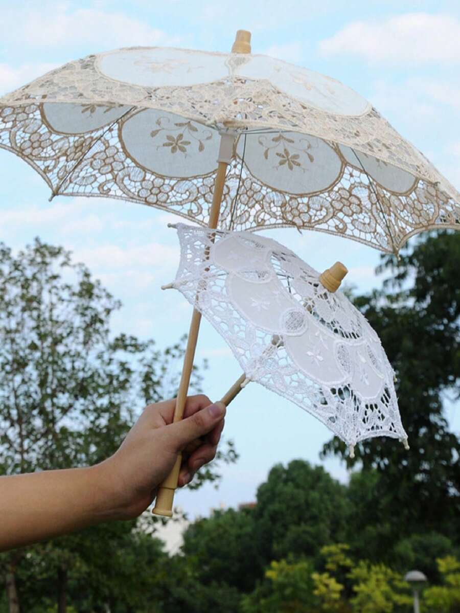 Lace Parasol Umbrella Vintage Wedding Bridal Lace Umbrella Craft White Lace Decorative Umbrella Photography Scene Prop 45cm*43cm - 白色 - 查看 1