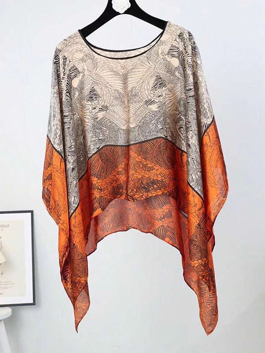 1pc Floral Print Poncho Shawl, Loose & Versatile For Daily Wear - Multicolor - View 1