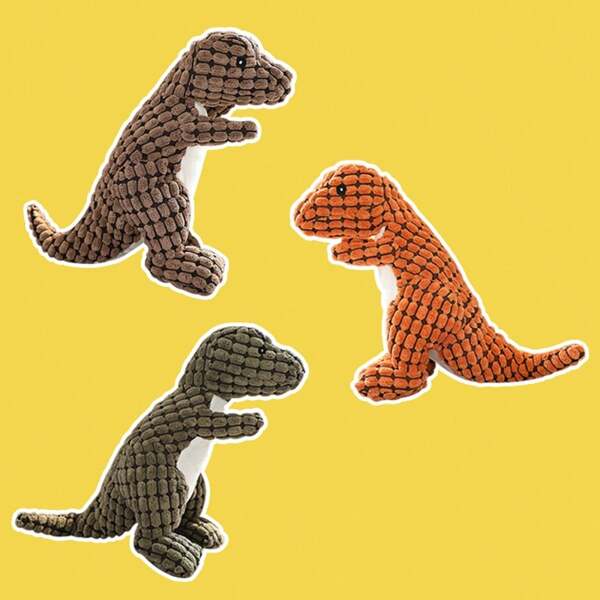 Dinosaur Squeaky Chew Toys For Dogs And Cats - 3 Packs Plush Teething & Stress Relief Set - Orange, Brown, Dark Green (Small Medium Puppy Kitten Pet Toys