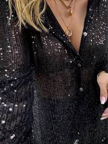 Women's Sequined Long-Sleeved Collar Shirt Button-Down Cardigan Loose Shirt, Fashionable, Suitable For Street, Music Festivals, Parties - màu đen - Xem 2