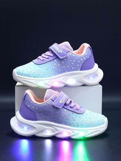 MGO Kidss Tênis infantis MGO primavera/outono com iluminação LED, tênis casuais de cano baixo com gradiente, calçados esportivos leves e respiráveis, antiderrapantes, sapatos brilhantes de princesa para meninas, 1 a 6 anos