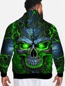 男士加大码夜光骷髅头3D印花卫衣，时尚休闲套头衫，适合户外、跑步、健身、娱乐、秋季穿着，长袖上衣 - 彩色 - 查看 5