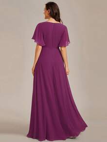 EVERPRETTY Đầm phù dâu màu tím thanh lịch mùa đông, cổ chữ V, tay bồng, chất liệu chiffon, thích hợp làm đầm dự tiệc cưới, đầm dạ hội bán chính thức, đầm đón năm mới. - Màu đỏ tím - Xem 3