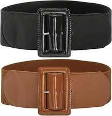 Women's Stretchy Belt 1950s 3 Inch Wide Elastic Belts - Hitam+Coklat - View 1