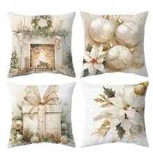 4 fundas de cojín con patrones de árbol de Navidad, campana y copo de nieve, de estilo moderno y tela de poliéster suave, ideales para decoración navideña y de invierno en la sala de estar, dormitorio y cabaña