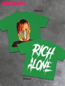 EMCGICC Y2k Men Rich Alone Street Outdoor Life Hip-Hop Style Round Neck Short Sleeved Casual T-Shirt, Comfortable And Breathable Summer Clothes - 綠色 - 查看 1