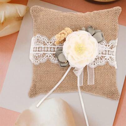Ring Bearer Pillows Vintage Rustic Flower Lace Bow Ring Cushion For Wedding Party Ceremony Proposal