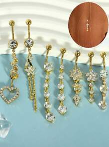 7pcs Set Copper Micro-Inlaid Flower Tassel Pendant Navel Ring, 316 Stainless Steel Exquisite Super Shiny Zirconia Navel Piercing Jewelry