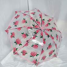 مظلة شفافة قابلة للطي من مادة البي في سي بإطار موجي عتيق - مظلة مطر قابلة للطي شفافة ثلاثية الطي - مناسبة للتصوير الفوتوغرافي والسفر والأميرات، متعددة الألوان، مناسبة لعيد الحب للرجال والنساء، للاستخدام في الصيف والشاطئ والسفر والربيع، هدايا لوصيفات العروس، ديكور الغرفة والشقة - وردي - مشاهدة 2