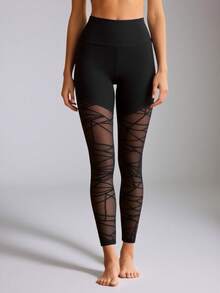 Workout Leggings For Women - High Waist Tummy Control Yoga Pants With Mesh Panel & Geometric Print, Gym Running Compression Tights - Black - View 1