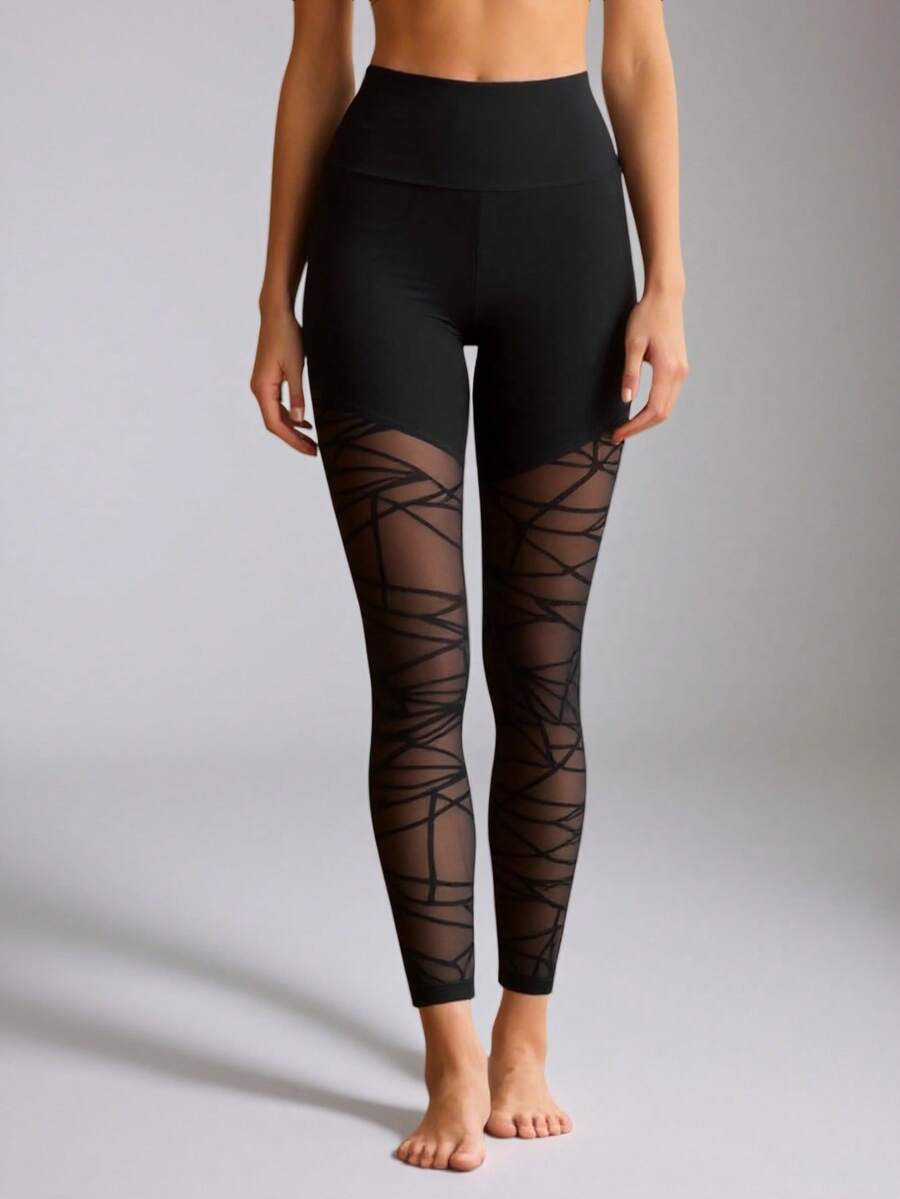 Workout Leggings For Women - High Waist Tummy Control Yoga Pants With Mesh Panel & Geometric Print, Gym Running Compression Tights - Black - View 1