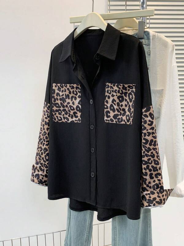 Veste femme minimaliste à manches longues, en couleur léopard et blocs de couleurs, convient pour l'automne, l'hiver et le printemps