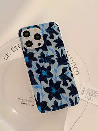 1 pieza Funda de teléfono suave, a prueba de caídas y antideslizante, con estampado de lirio negro brillante y resistente al agua, compatible con teléfonos Apple