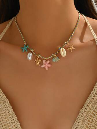 1 pieza Collar colgante de mujer con cuerda trenzada estilo bohemio en color azul, con colgante de estrella de mar y concha, accesorio de sirena adecuado para uso en verano, vacaciones en la playa y fiestas de carnaval