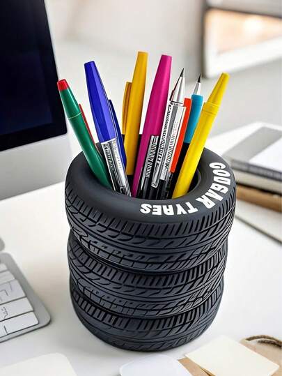Funny Tire Shaped Office Desk Pen Holder - Plastic, Office Decoration Accessories And Stationery Gifts, Suitable For Boys And Girls,Pens,Pen,Stationery,Pencil Case,Pencil Pouch,School,Pencil Case Big,Office Equipment,Things For School,Note Paper,Kawaii Decor,Back To School,Pens,School Stuff
