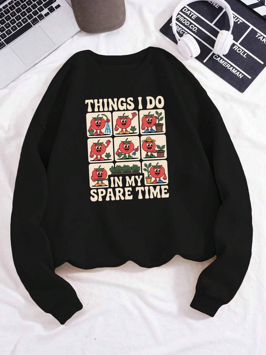 Ropa de mujer talla grande para otoño/invierno, sudadera casual de cuello redondo - Diseño de jardinería de tomates "¿Qué hacer en mi tiempo libre", color negro, mangas largas, cuello redondo, tema de tomates