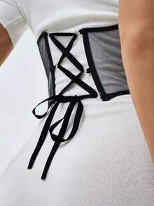 1 pièce Top bustier transparent en maille, corset pour femmes avec laçage et baleines en acier, avec large ceinture de taille, cincher sous-buste, convient pour être porté avec un t-shirt ou une robe - Noir - Voir 4