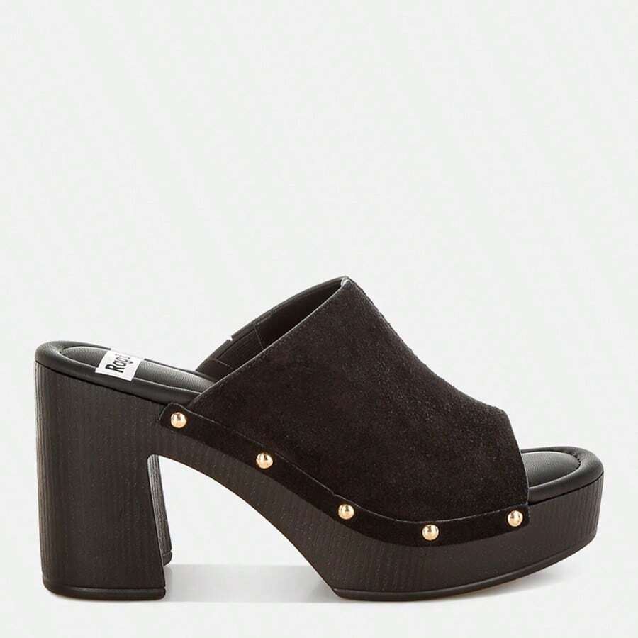 Masaki Soft Suede Leather Wooden Clogs - Black - View 1