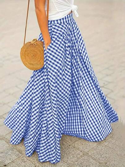 女士优雅格子中长裙，高腰喇叭下摆裙子，适合春夏季