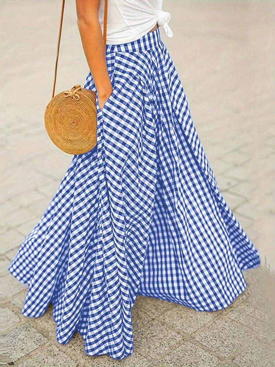 女士优雅格子中长裙，高腰喇叭下摆裙子，适合春夏季