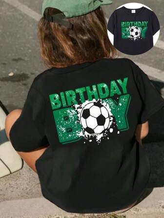 青少年男孩休闲字母和足球印花宽松短袖 T 恤，夏季