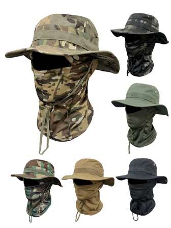 Men's Camouflage Wide-Brimmed Bucket Hat Set, Protective Mask Head Cover, Outdoor Sun Hat And Mountaineering Hat, Cycling, Mountaineering, Camping And Fishing Hat, Travel Drawstring Beanie Hat Ski Masks