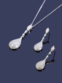 Bộ trang sức cưới sang trọng 3 món đính đá Zirconia, bao gồm dây chuyền và bông tai, thích hợp cho cô dâu. - trắng - Xem 17