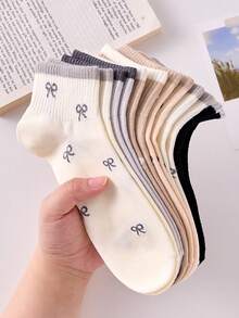 5双女士休闲蝴蝶结短袜，舒适百搭，四季皆宜，颜色随机，适合秋季穿着 - 彩色 - 查看 3