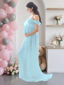 Maternity Off-Shoulder Thigh Slit Floor-Length Dress - Blue - View 2