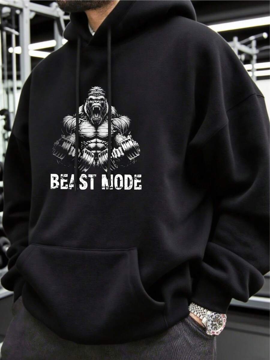 Sudadera casual con gráfico para hombre en otoño/invierno, sudadera negra con estampado de gorila, adecuada para deportes al aire libre, fitness y uso diario - Negro - Ver 1