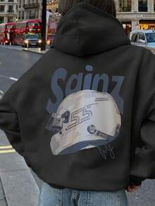 Sudadera vintage para mujeres Carlos Sainz 55 F1 Racing Car - Sudadera suave y cómoda con cordón y bolsillos, ideal para el transporte diario, salidas casuales y uso en invierno/otoño, sudadera casual| Sudadera con Monograma| Sudadera de Tela Suave - Negro - Ver 2